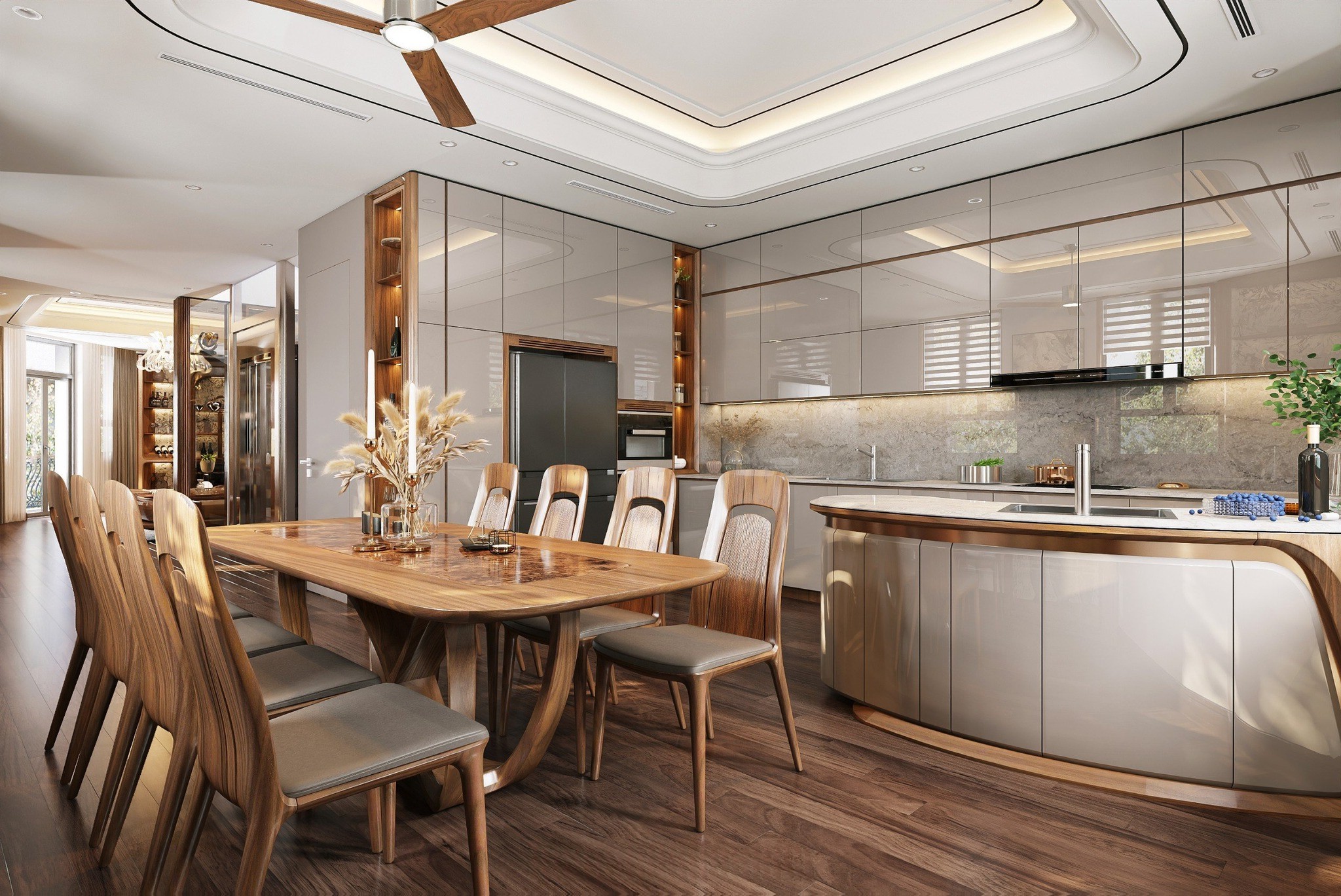 Tủ bếp cánh acrylic chữ L cao kịch trần trắng bóng