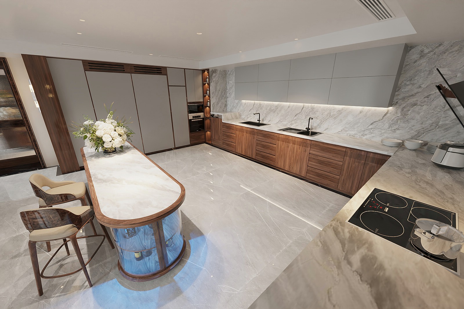 Tủ bếp cao cấp gỗ MDF kết hợp mặt cánh acrylic trắng và gỗ óc chó nâu đậm