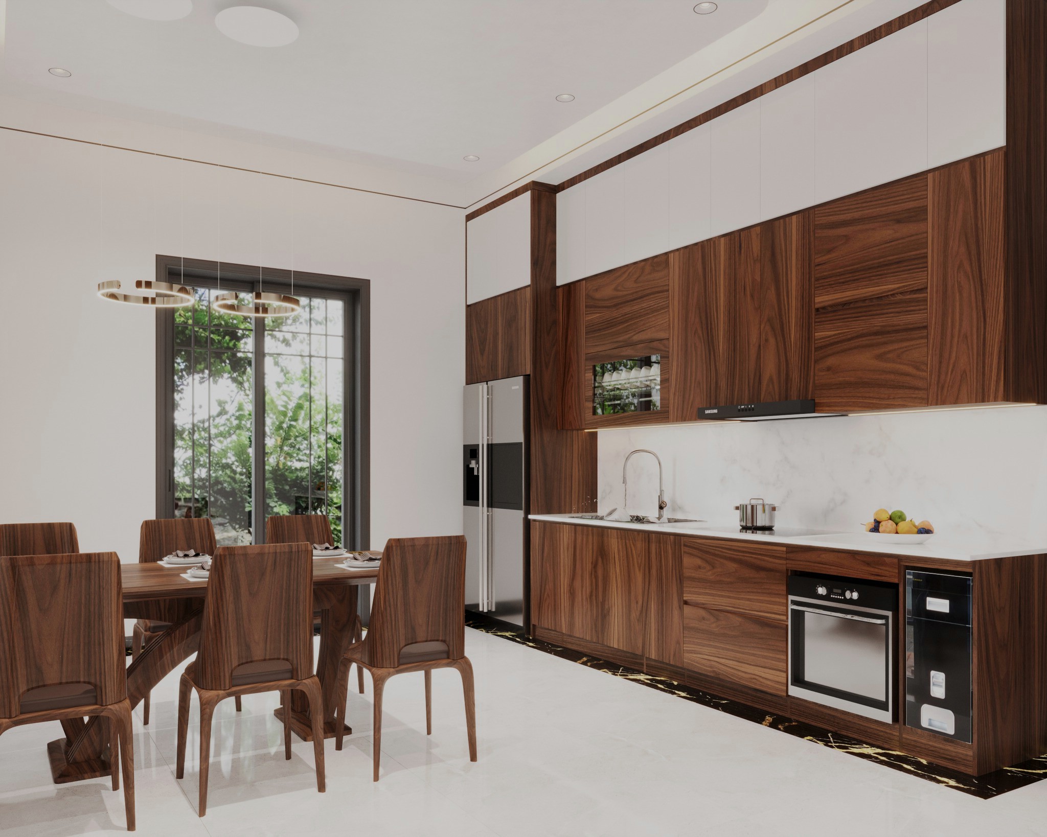 Tủ bếp chữ I veneer óc chó thiết kế hiện đại