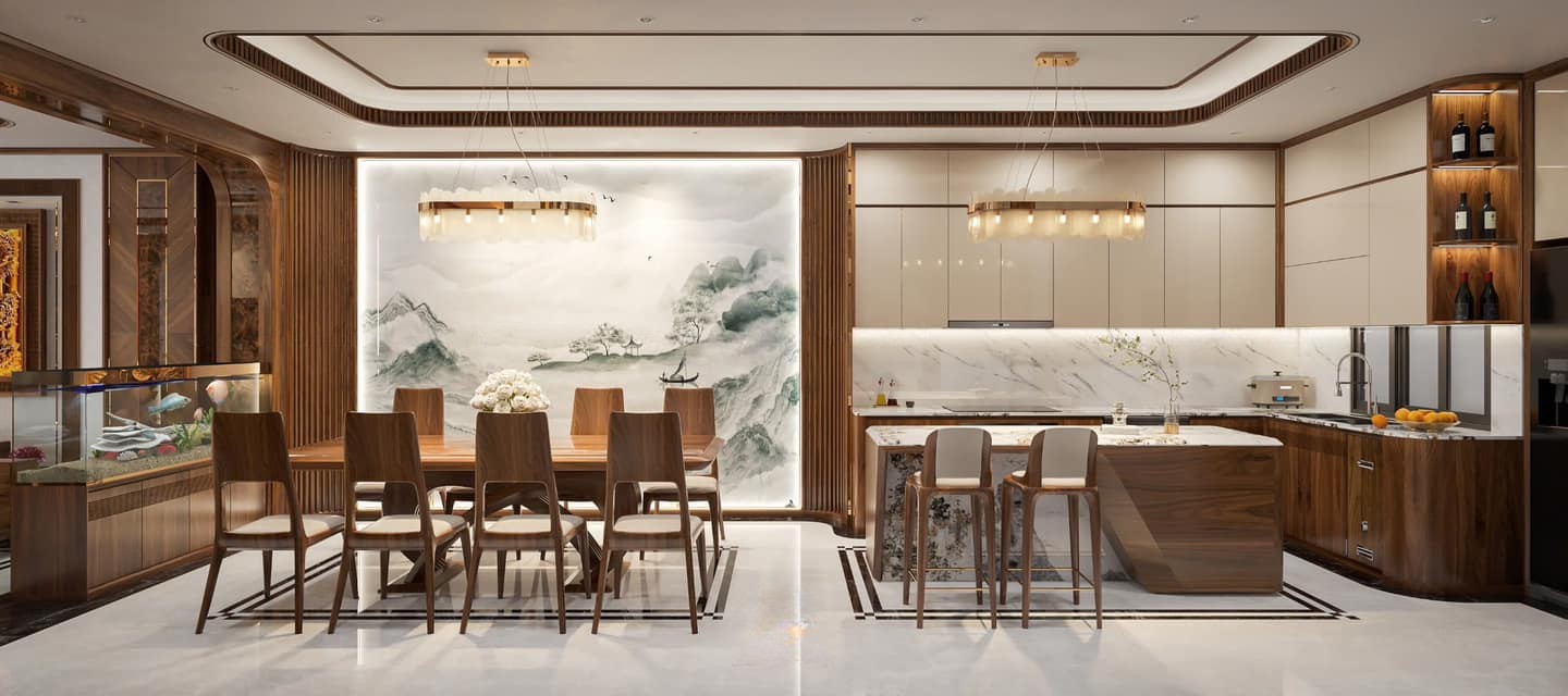 Tủ bếp chữ L đẹp hiện đại với bàn đảo ốp đá và gỗ, hệ tủ MDF phủ laminate trắng