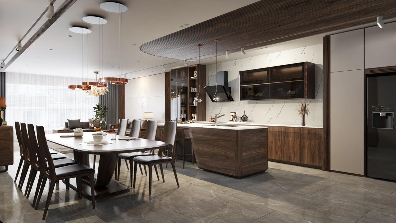 Tủ bếp chung cư chữ I nhỏ gọn hiện đại với bàn bar