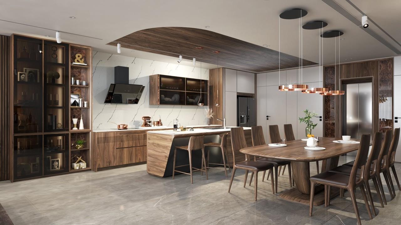 Tủ bếp đẹp hiện đại chữ I với mặt bếp ốp đá granite trắng vân xám