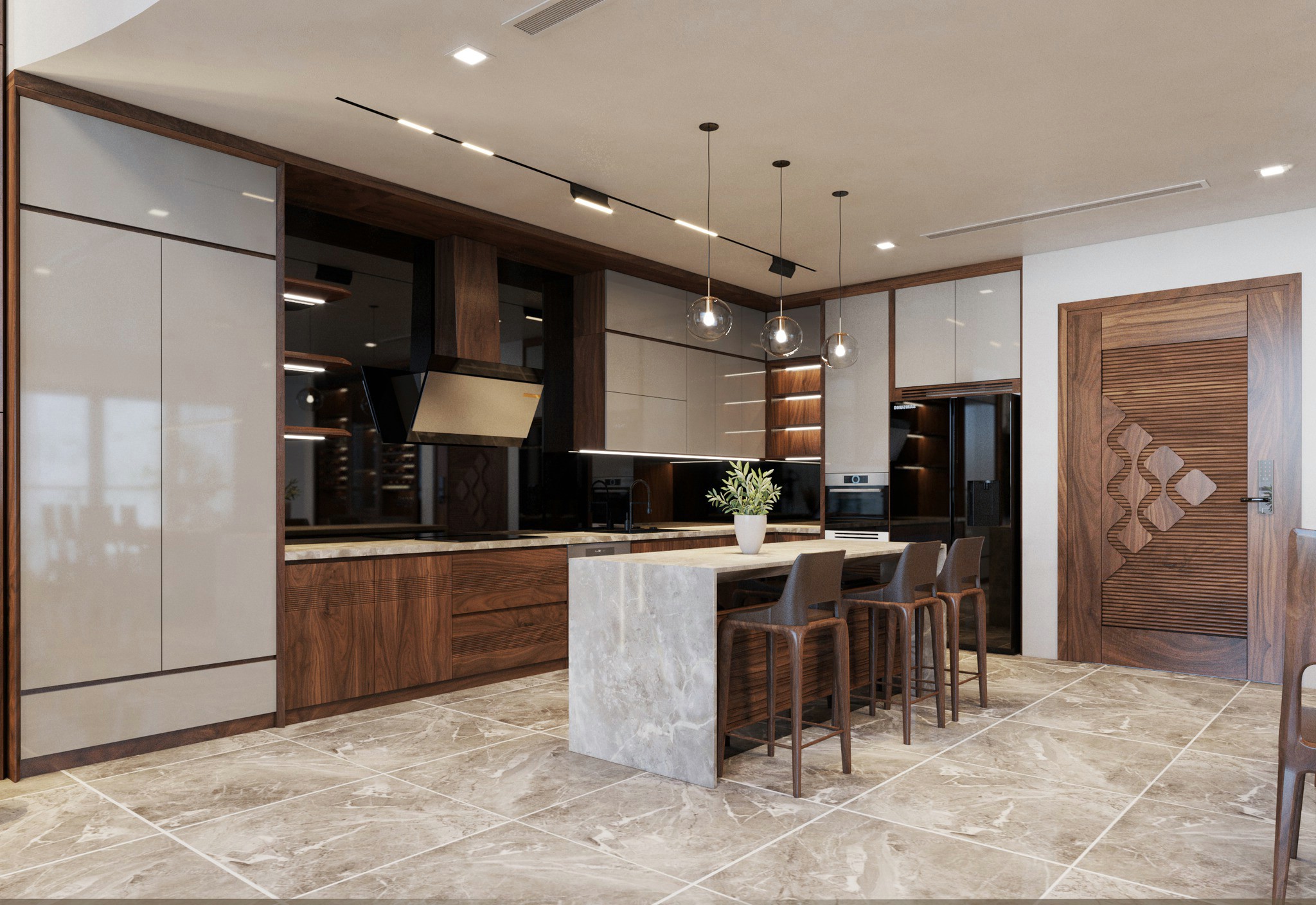 Tủ bếp đẹp hiện đại với gỗ óc chó và acrylic trắng bóng