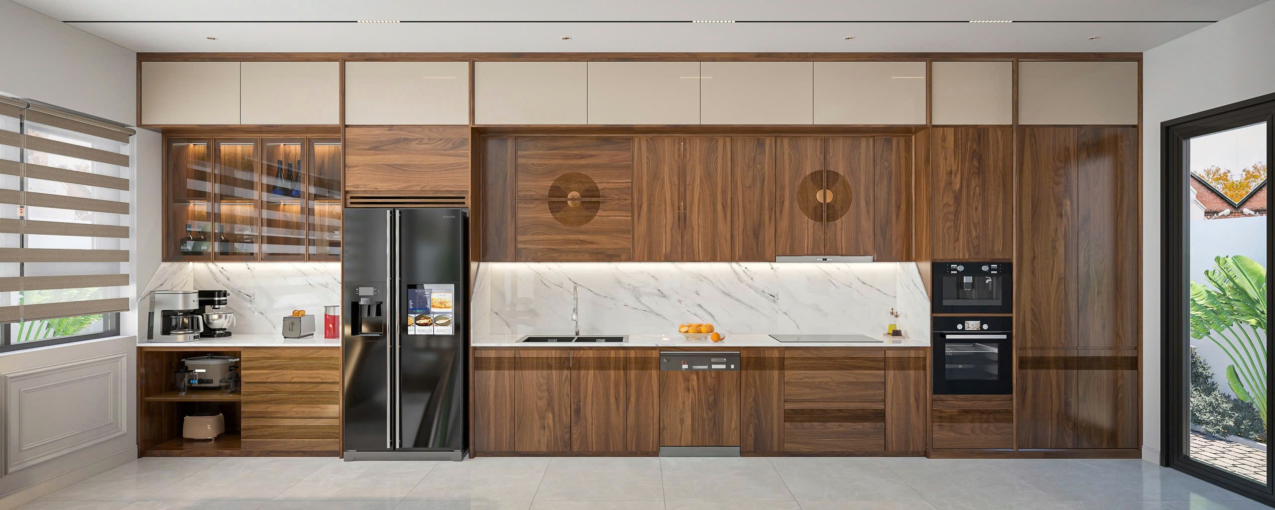 Tủ bếp gỗ đẹp với thiết kế chữ I phủ veneer óc chó