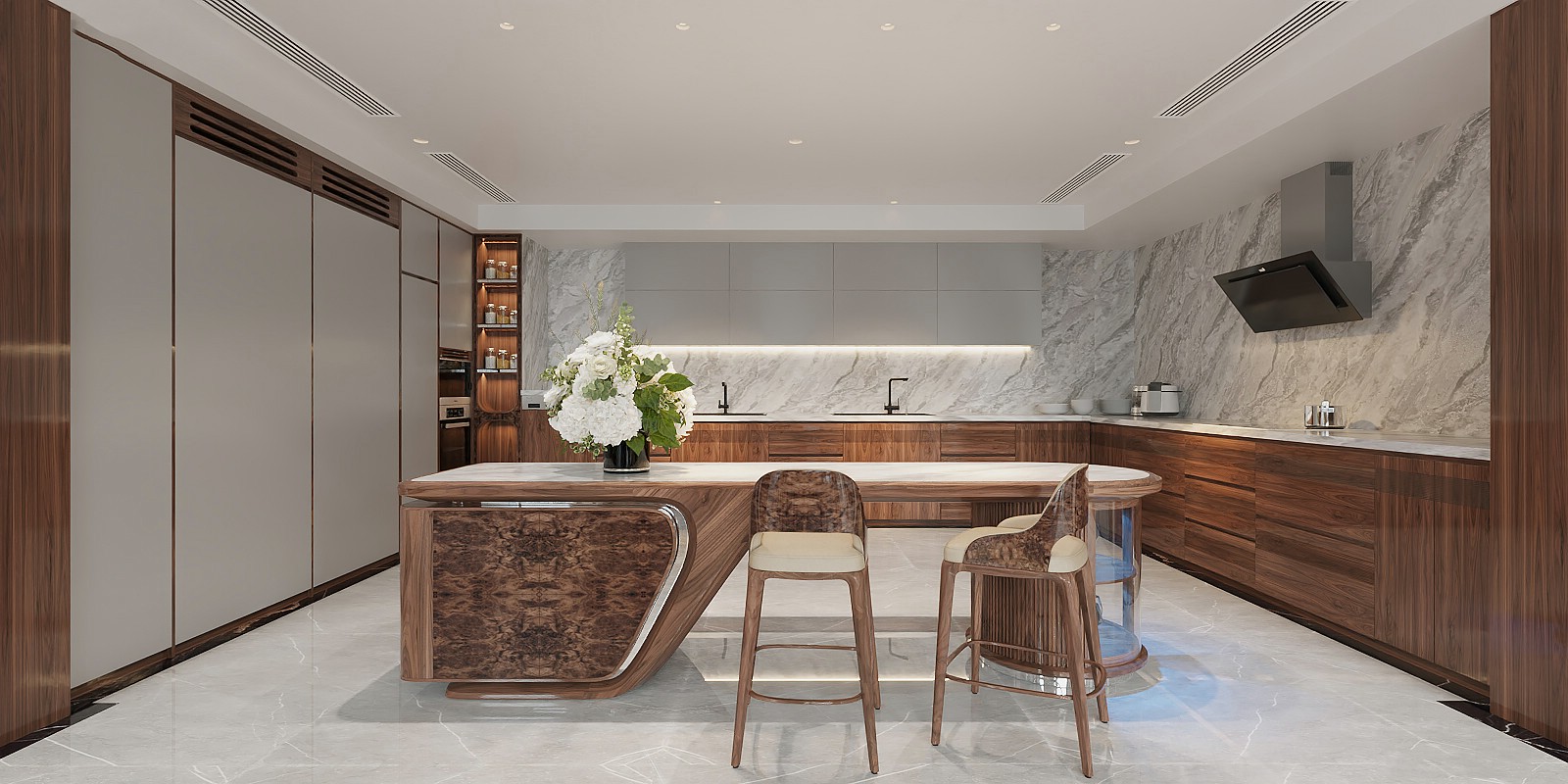 Tủ bếp hiện đại sang trọng với tông màu ghi sáng và veneer óc chó