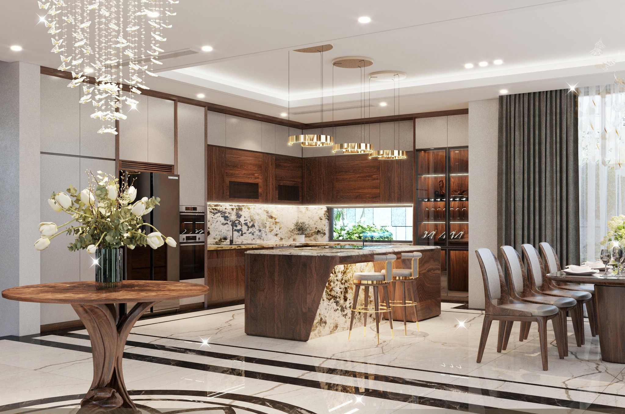 Tủ bếp hiện đại gỗ óc chó kết hợp đá marble trắng