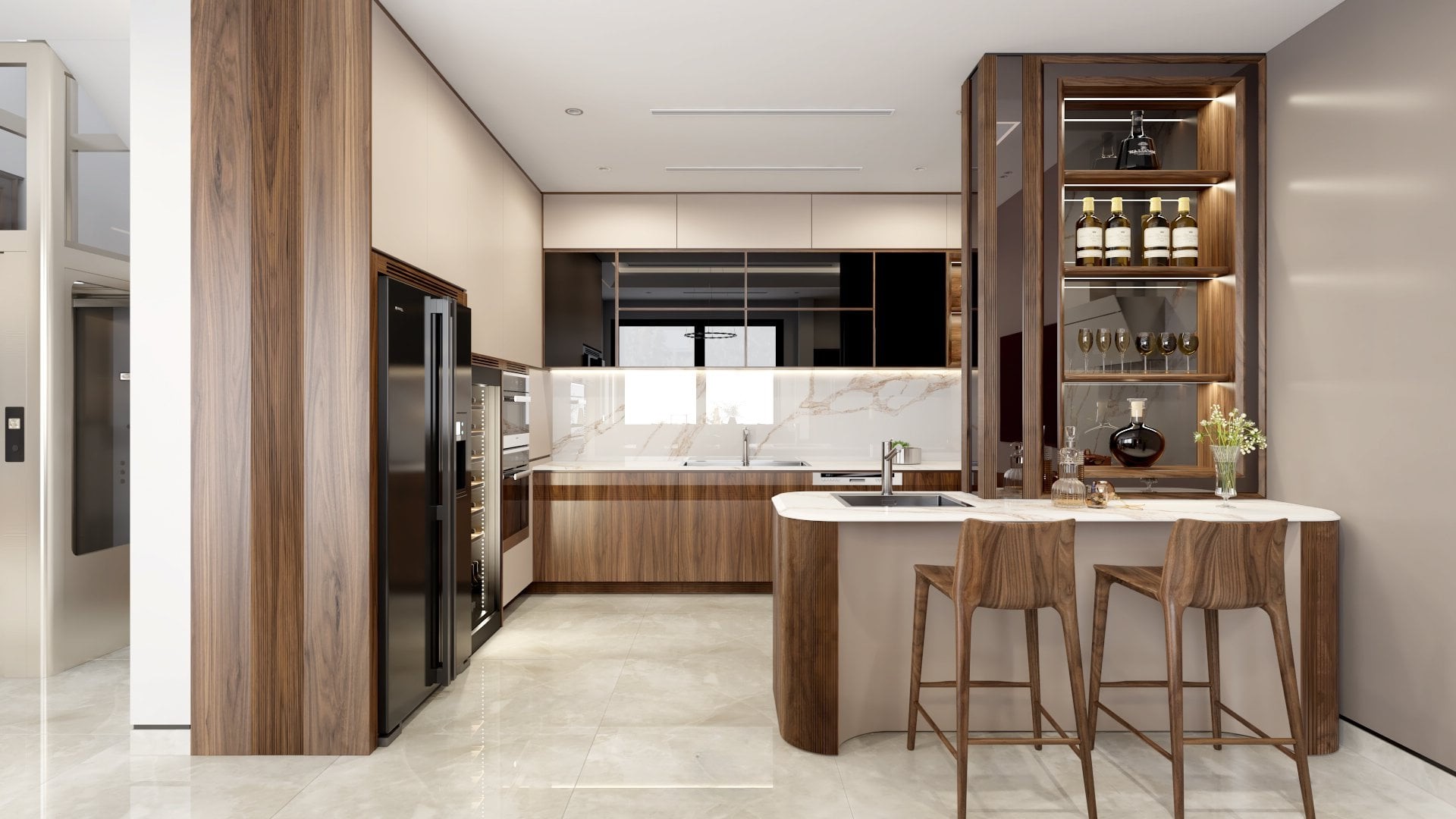 Tủ bếp thông minh hiện đại chữ U chất liệu gỗ óc chó và acrylic Tủ bếp thông minh hiện đại chữ U chất liệu gỗ óc chó và acrylic