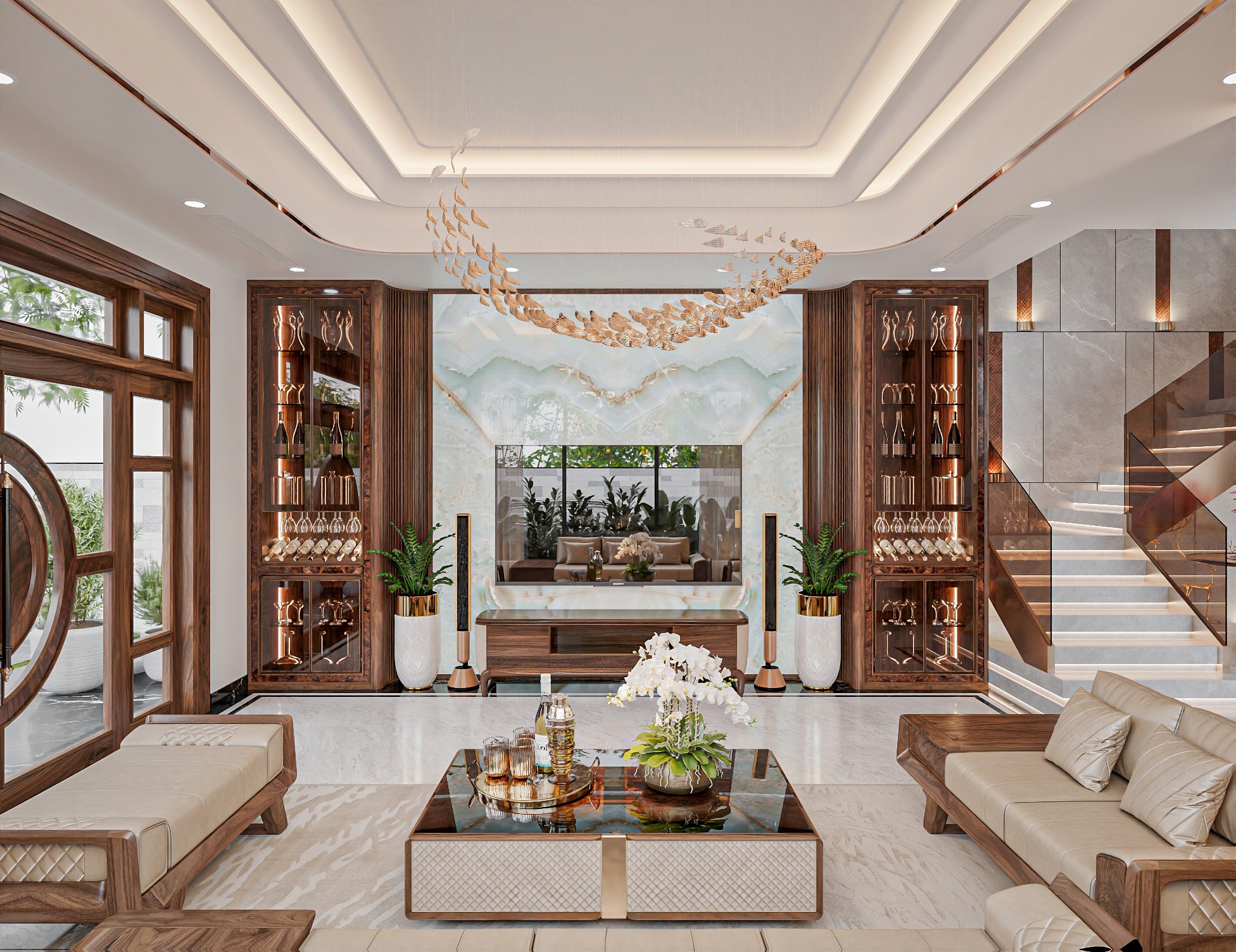 Tủ kệ tivi hiện đại gỗ óc chó dáng thấp với chi tiết CNC mắt cáo