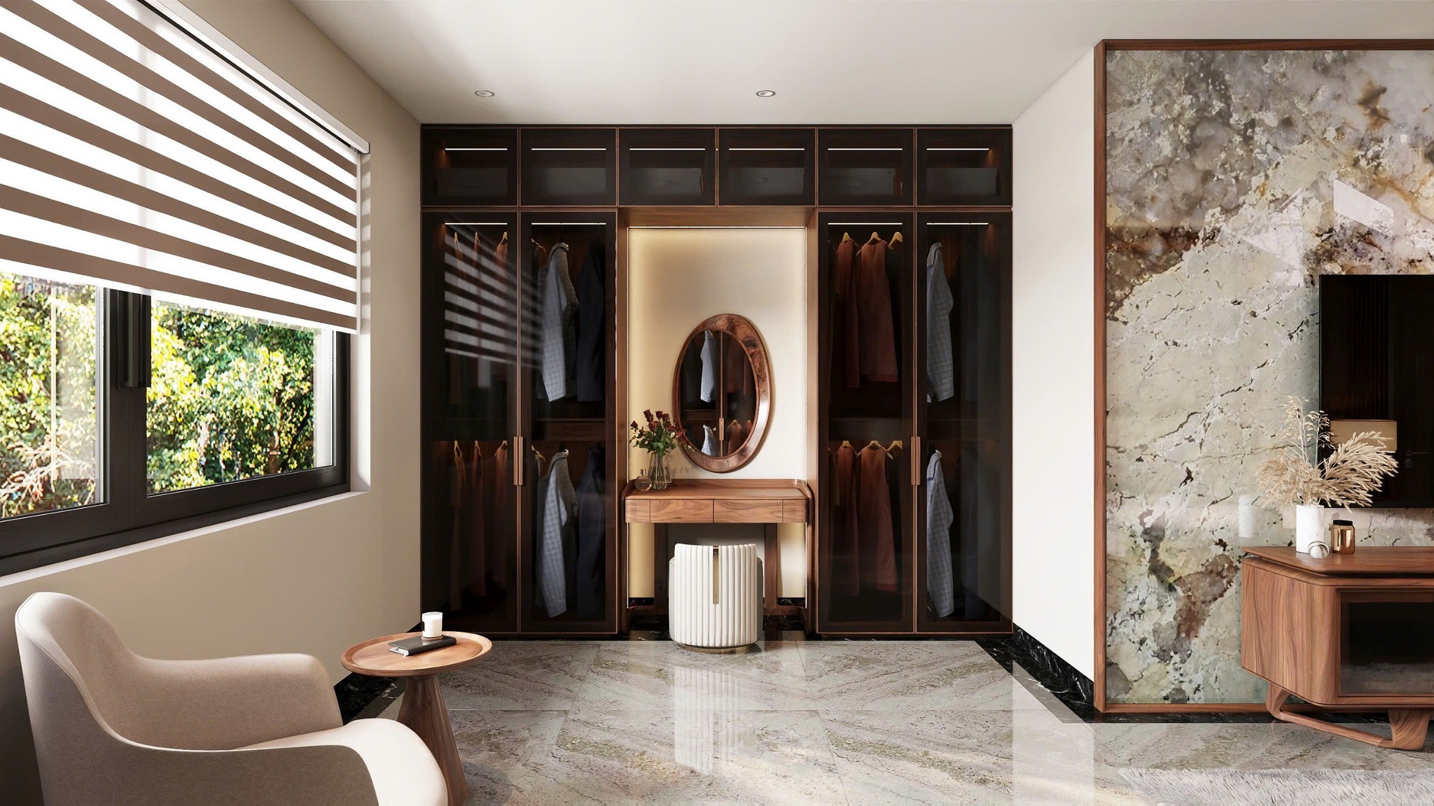 Tủ quần áo kèm bàn trang điểm hiện đại gỗ veneer óc chó