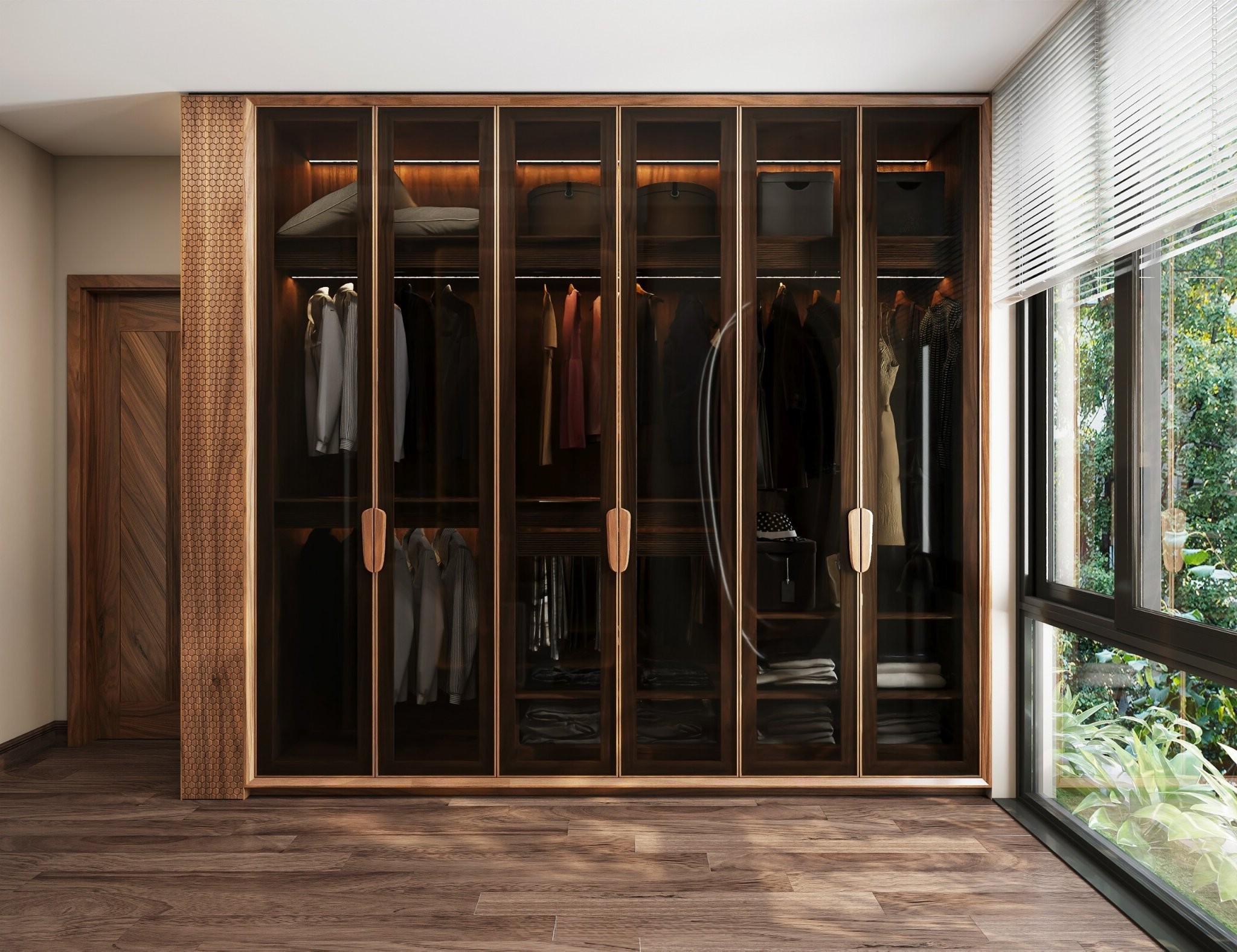 Tủ quần áo cao cấp chữ I âm tường với 6 cánh kính cường lực đen trong suốt