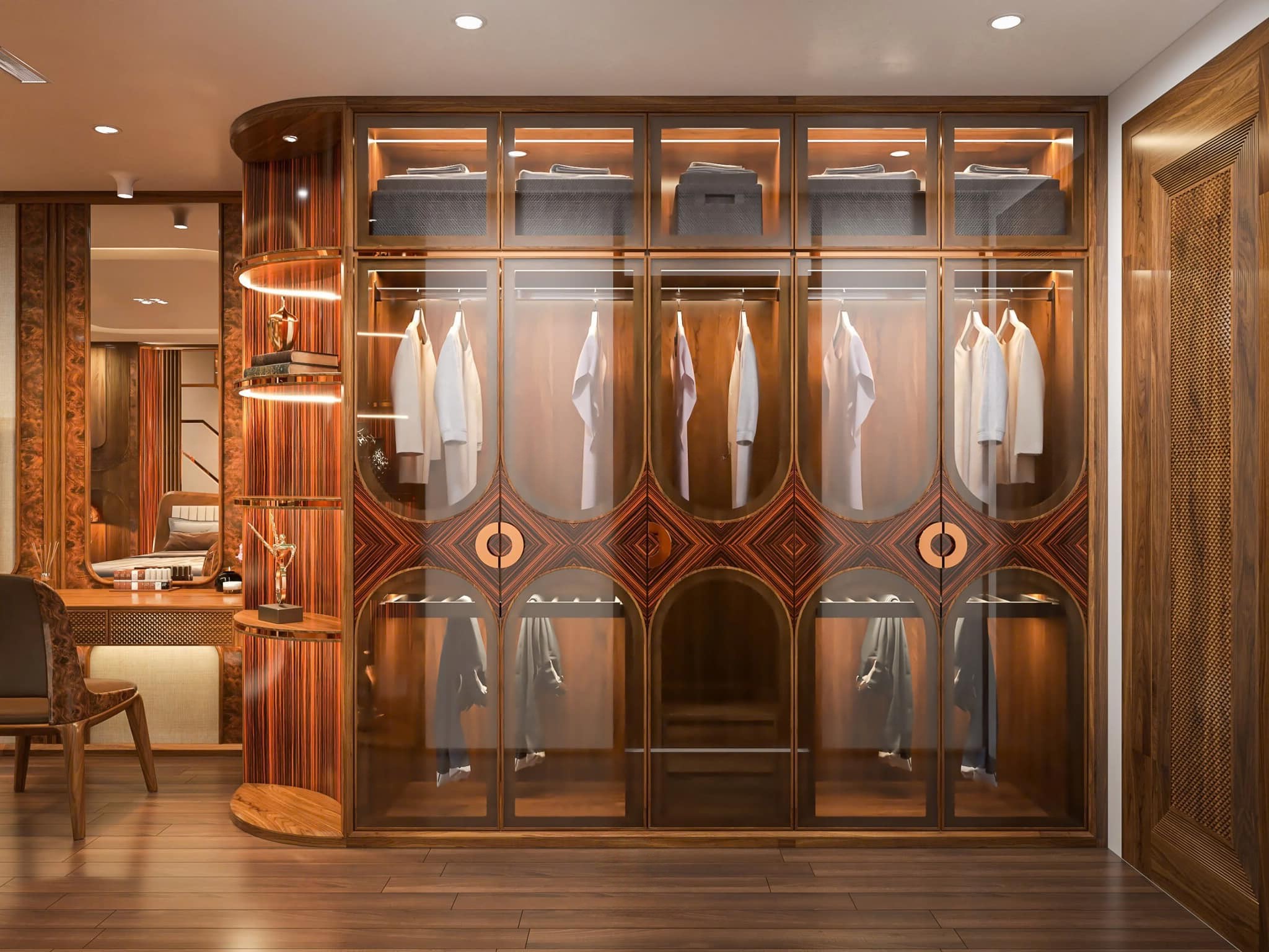 Tủ quần áo đẹp hiện đại 5 cánh kính viền gỗ vòm cung đối xứng và kệ trang trí liền kề