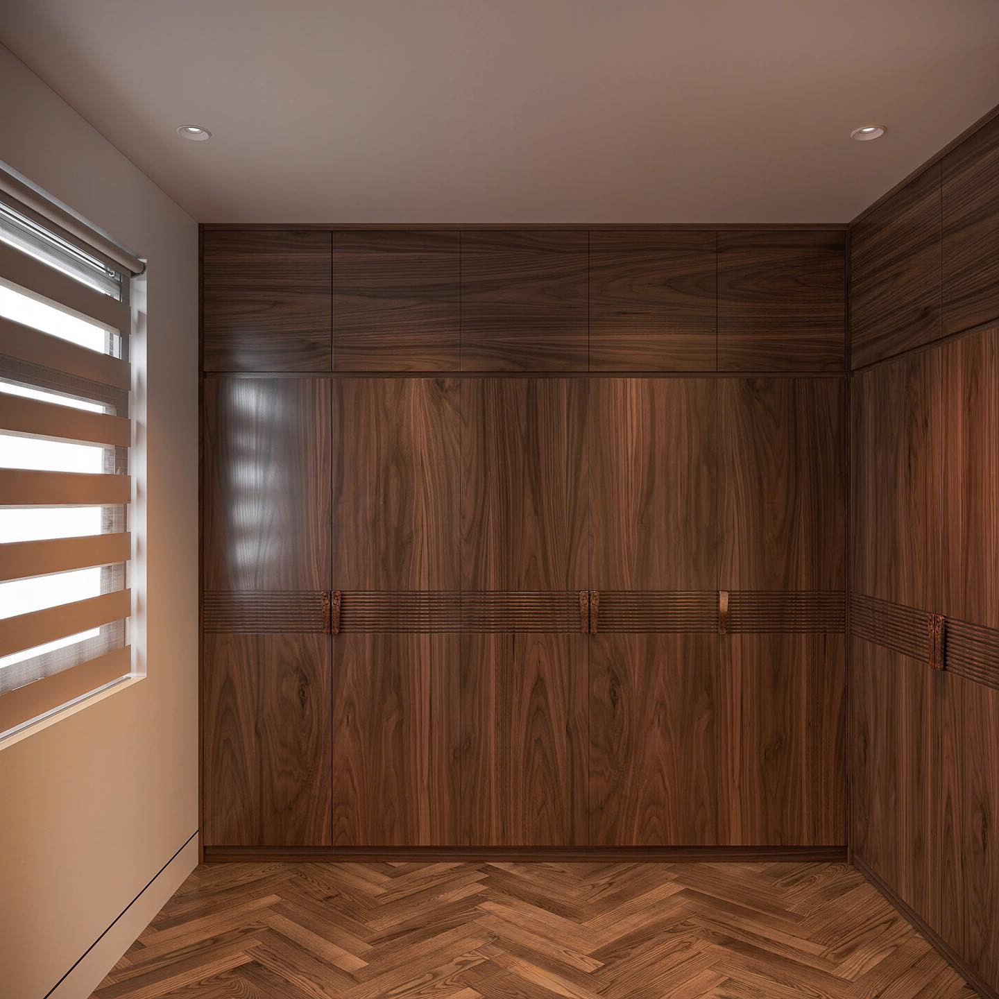 Tủ quần áo gỗ đẹp veneer óc chó thiết kế chữ L âm tường