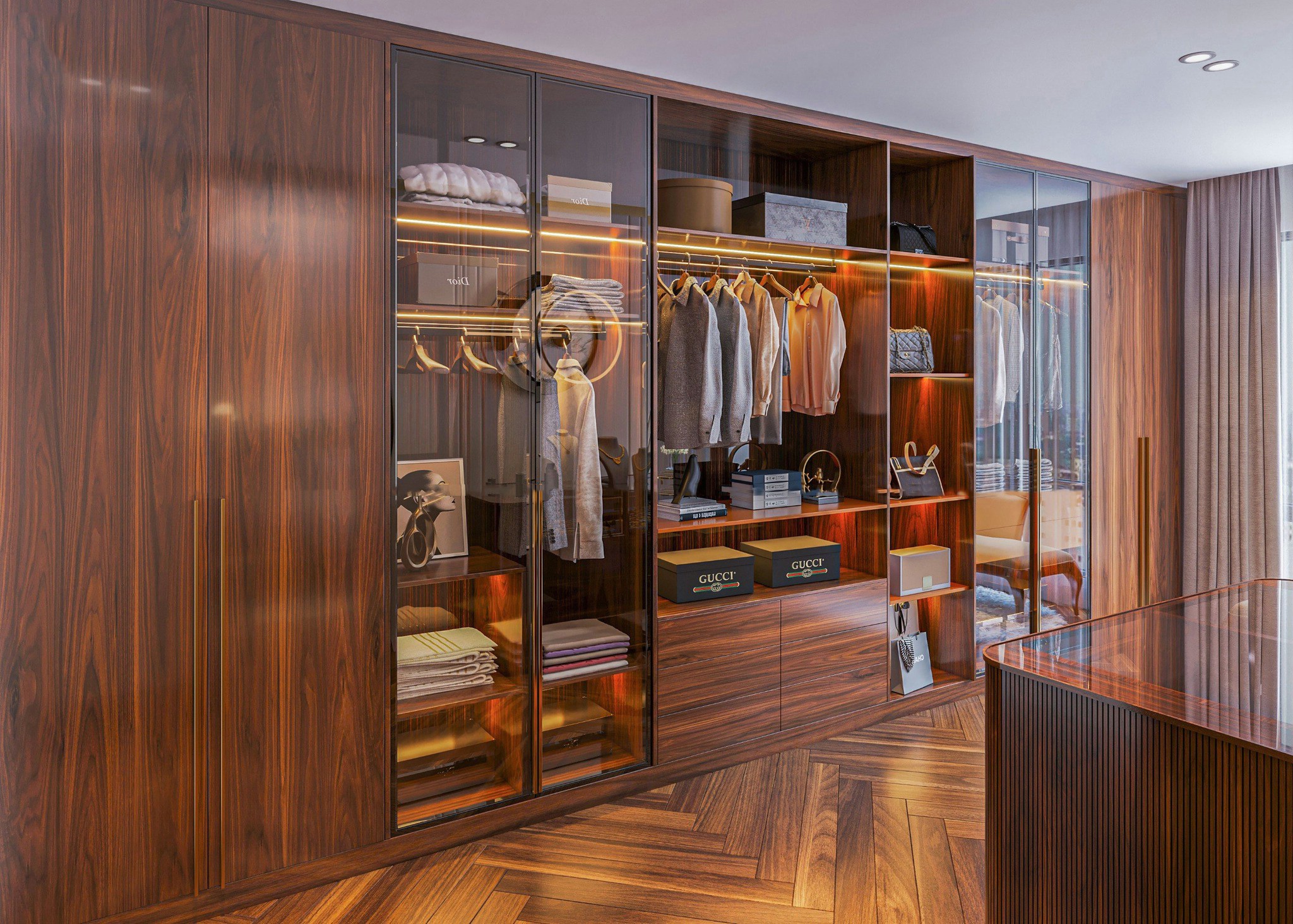 Tủ quần áo gỗ hiện đại gỗ tự nhiên cao kịch trần thiết kế chữ I với ngăn kéo, cánh kính và đèn led âm