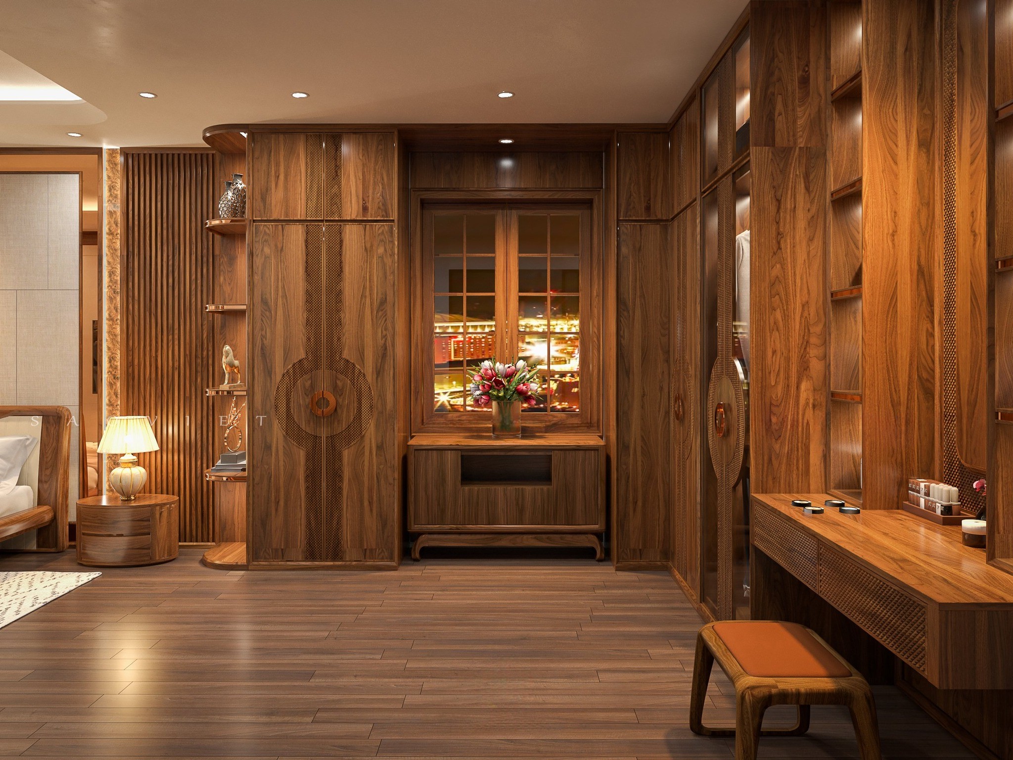 Tủ quần áo gỗ tự nhiên gỗ óc chó thiết kế chữ L âm trần