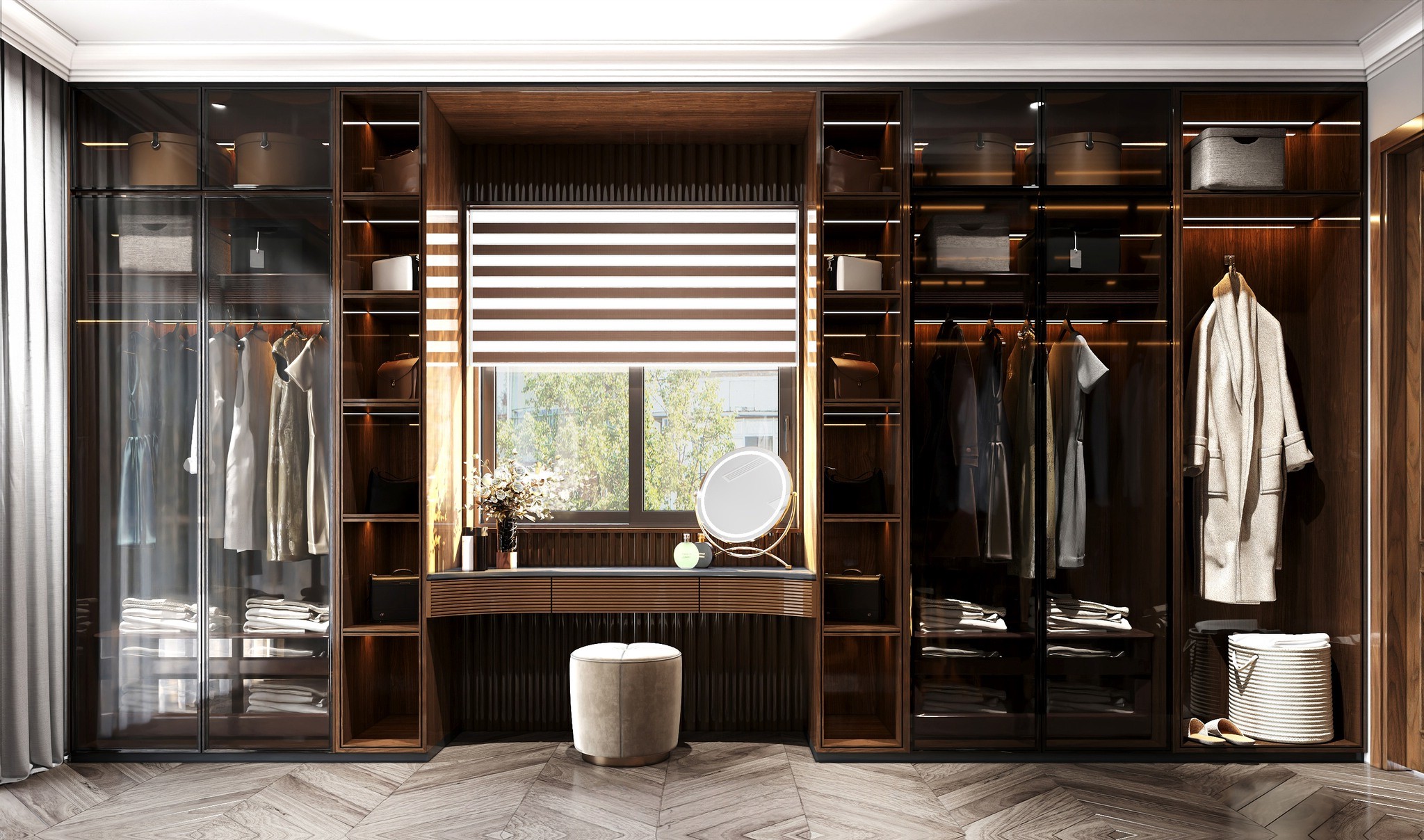 Tủ quần áo kết hợp bàn trang điểm đẹp âm tường veneer óc chó