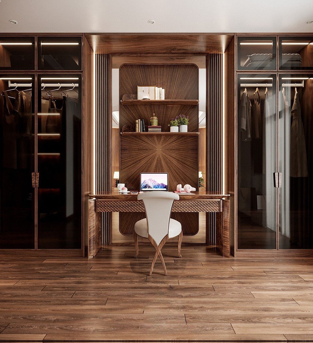 Tủ quần áo kết hợp bàn trang điểm hiện đại veneer óc chó