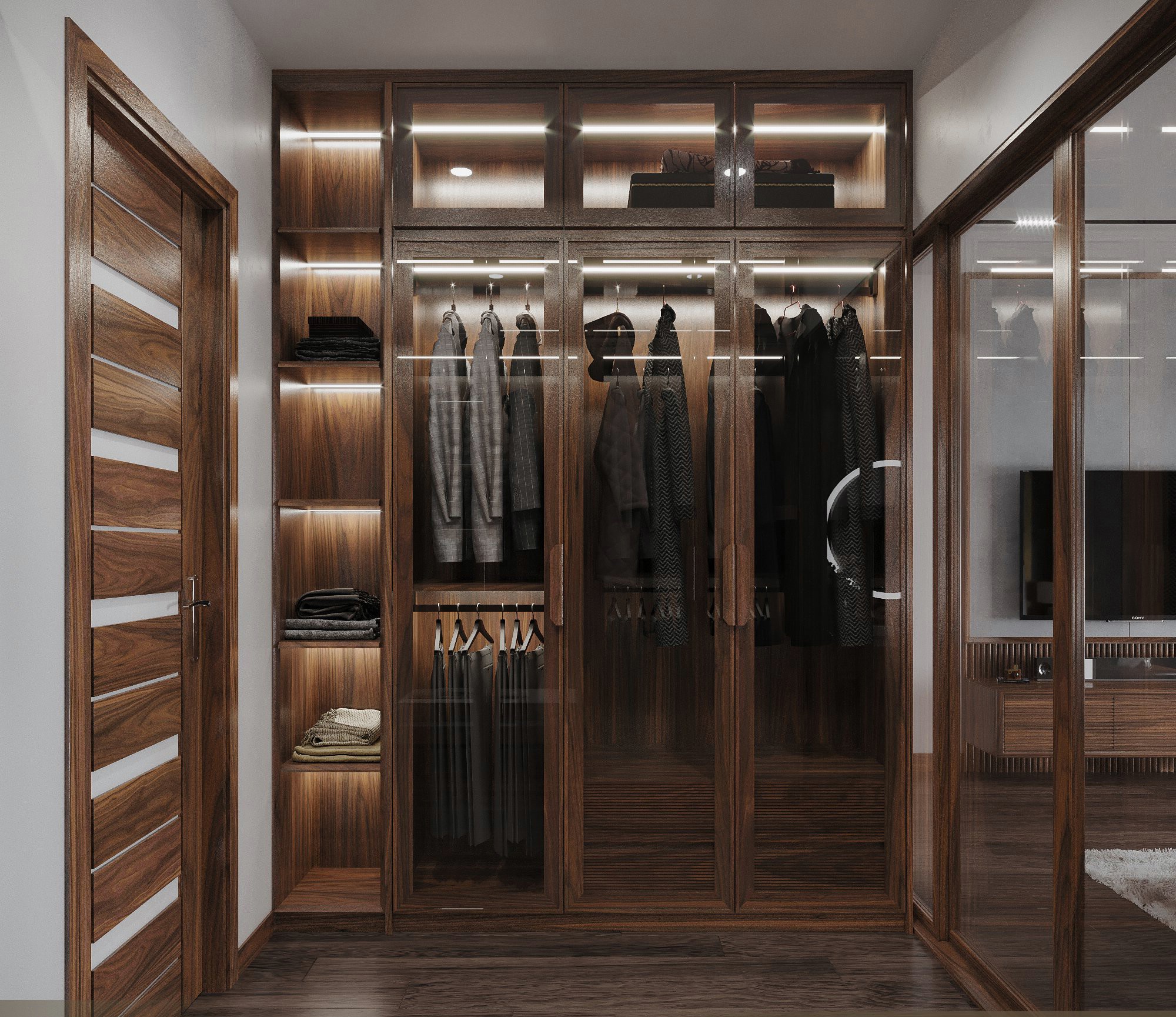 Tủ quần áo kính âm tường với khung gỗ veneer óc chó và đèn LED chiếu sáng