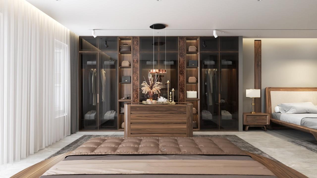Tủ quần áo phòng ngủ hiện đại chữ I với tủ phụ kiện kính đen và kệ trang trí 6 tầng