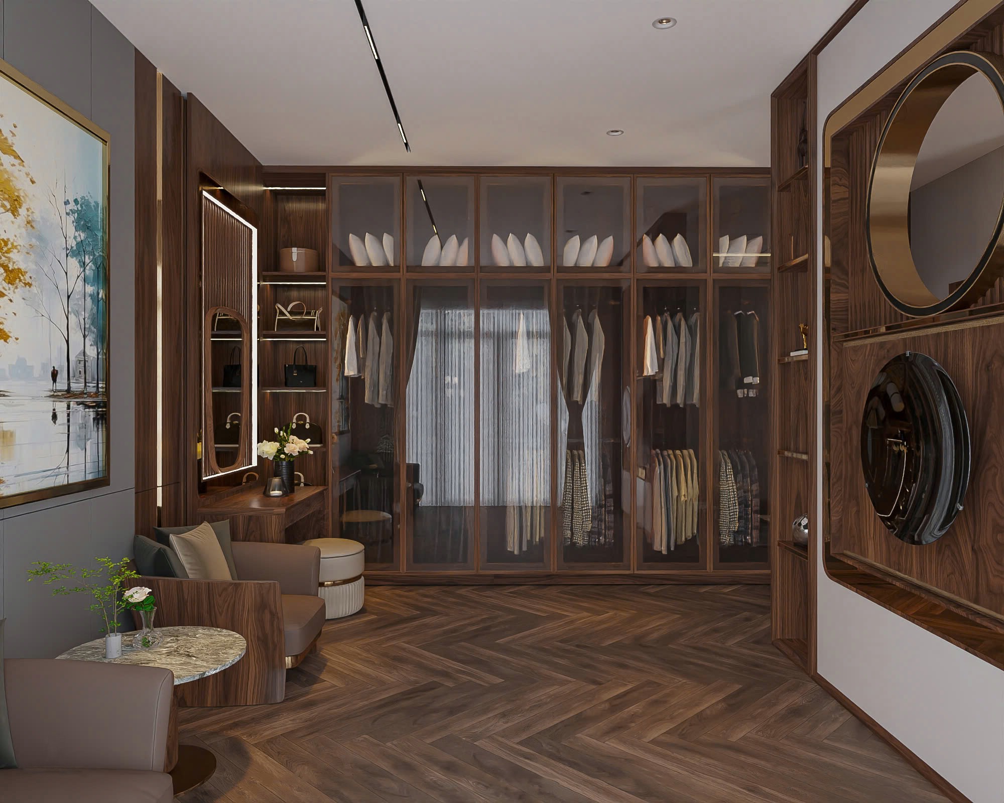 Tủ quần áo phòng ngủ chữ I âm tường cao kịch trần với cánh kính và bàn trang điểm