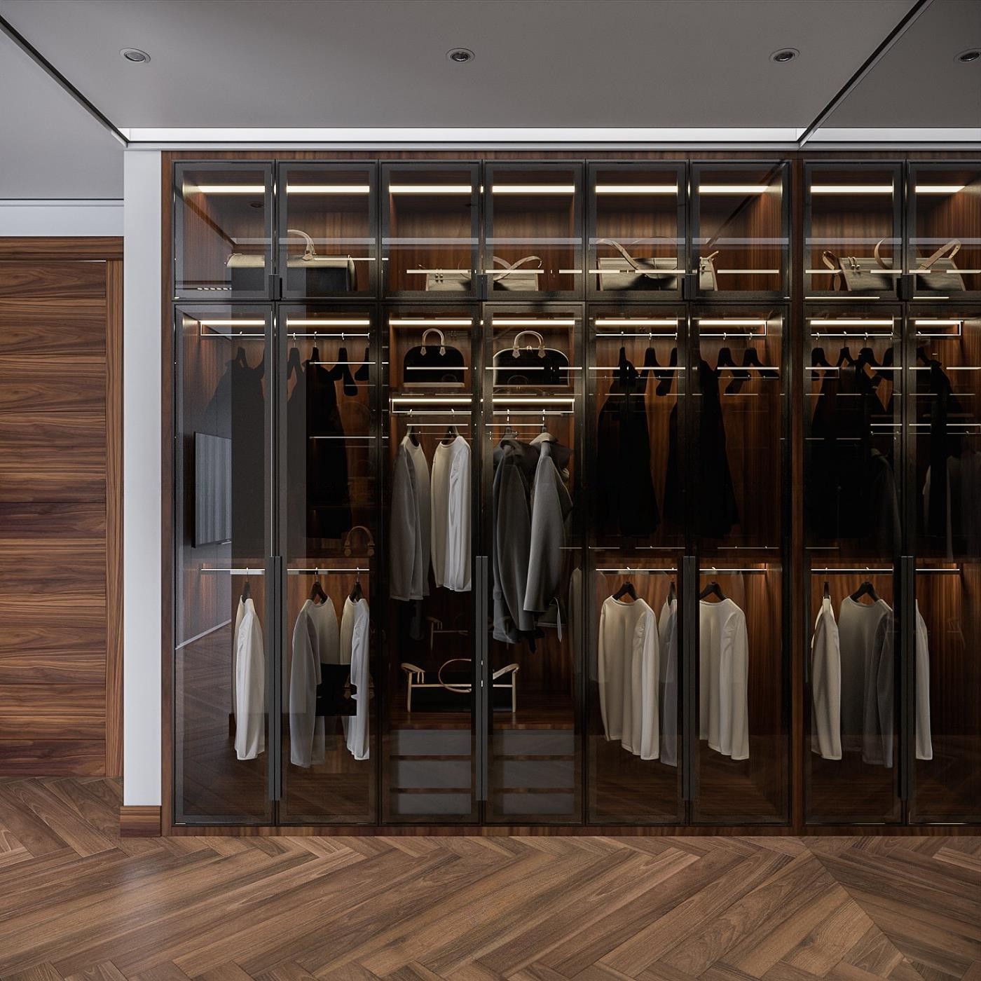 Tủ quần áo thông minh hiện đại chữ I âm tường cao kịch trần với cánh kính khung đen