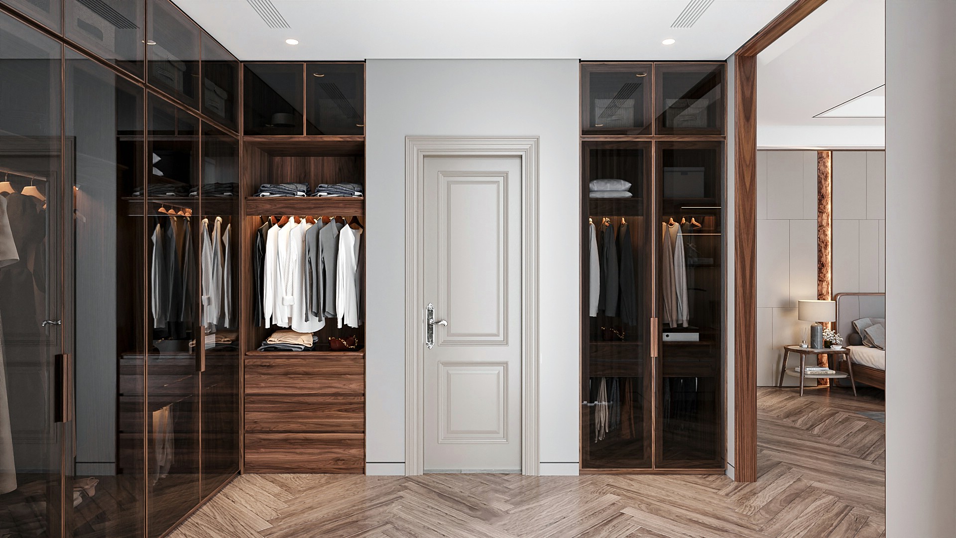 Tủ quần áo thông minh góc chữ L phủ veneer óc chó