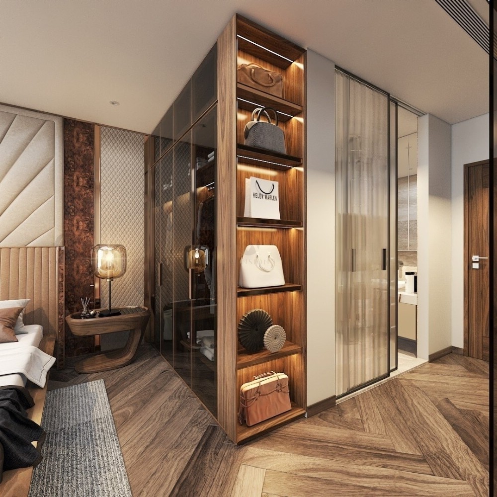 Tủ quần áo trong phòng ngủ gỗ tự nhiên chữ I cao kịch trần