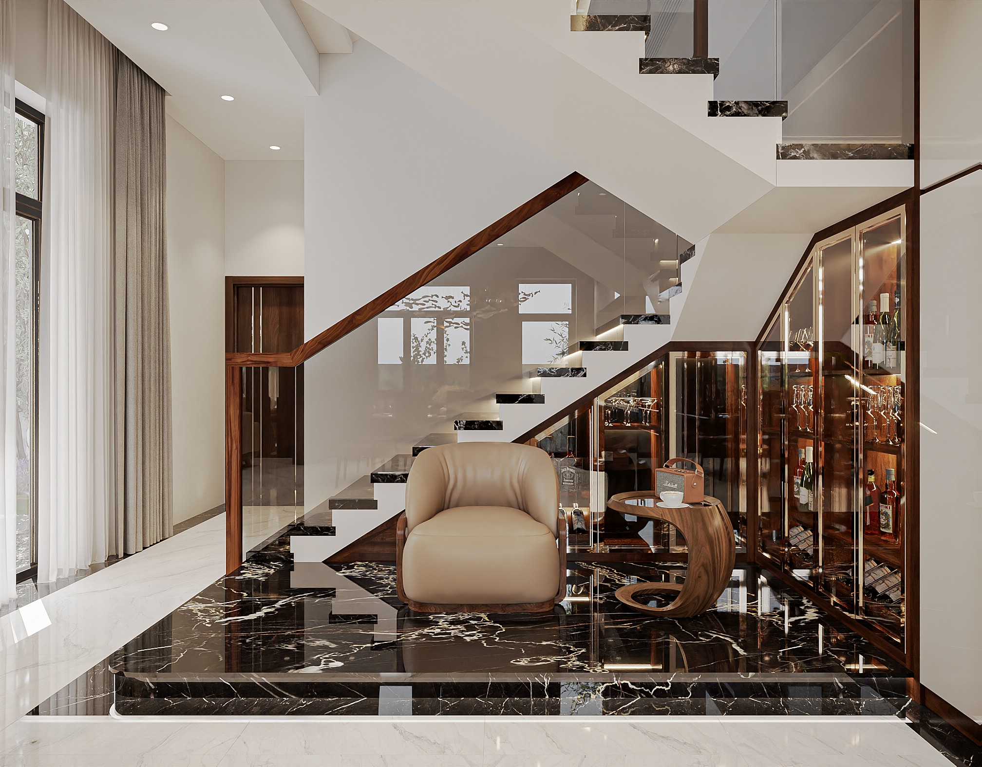 Tủ rượu cầu thang phòng khách gỗ tự nhiên cánh kính mạ vàng sang trọng