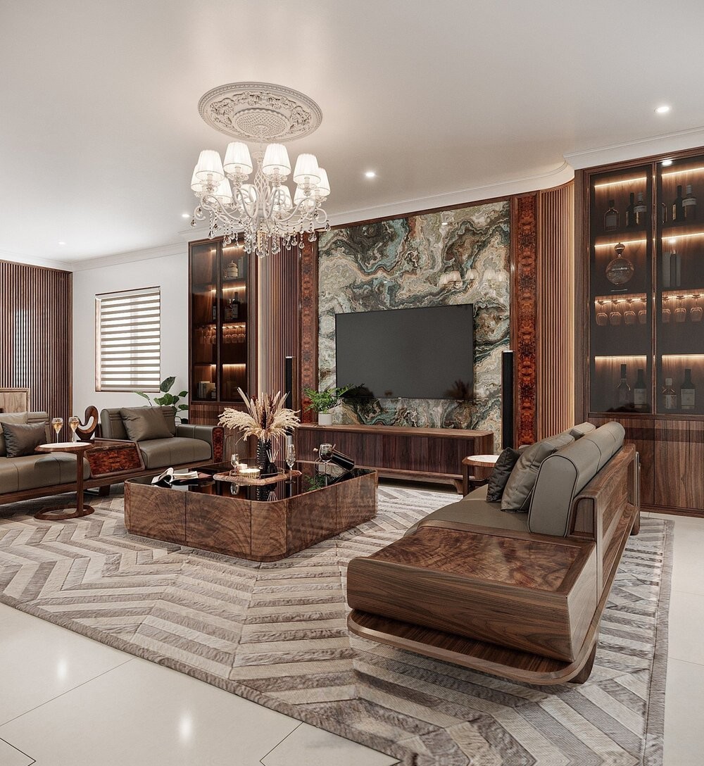 Tủ rượu đẹp phòng khách gỗ tự nhiên cao kịch trần với cánh kính và lam sóng vòm cung