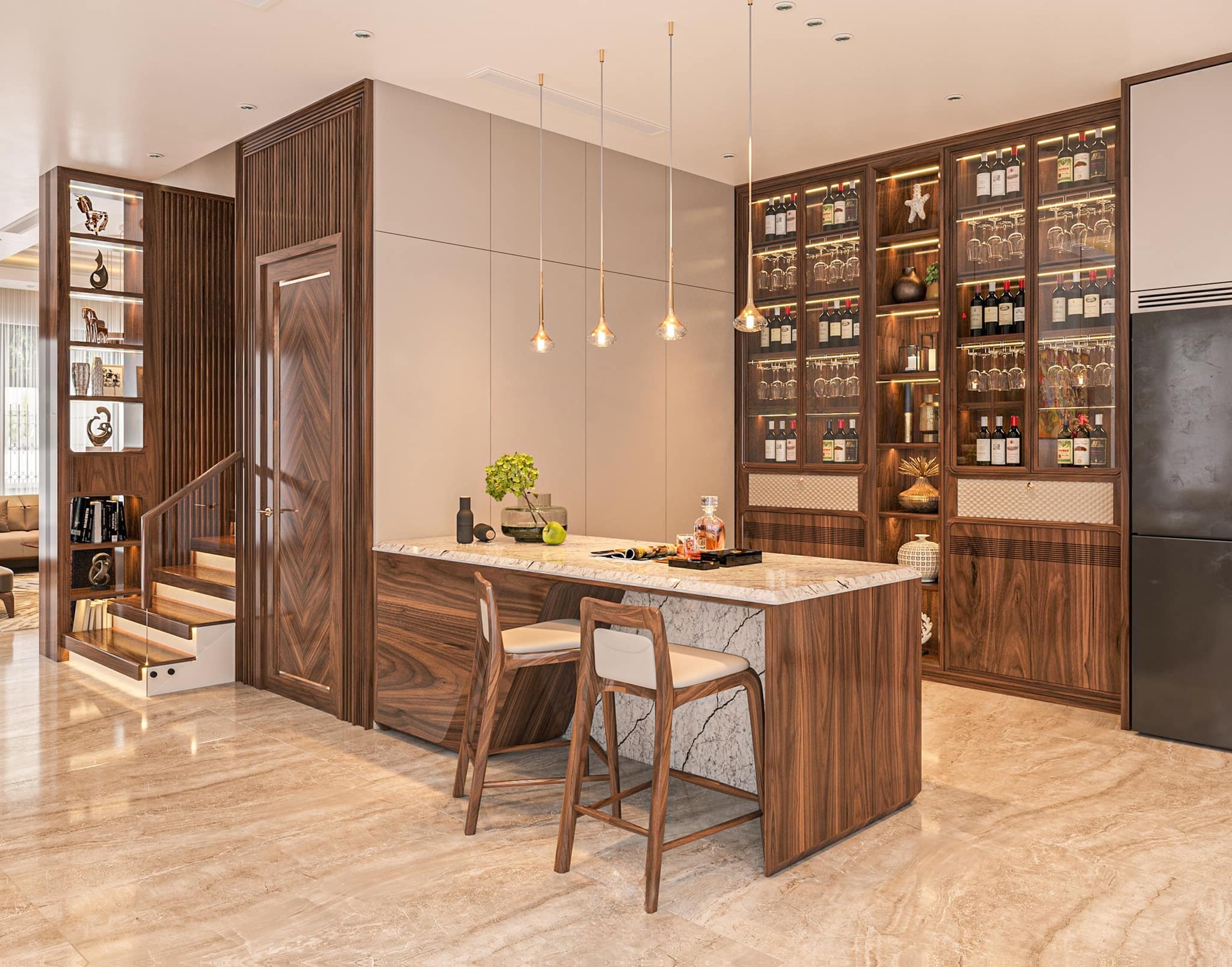 Tủ rượu gỗ đẹp thiết kế âm tường với cánh kính và hệ kệ trang trí hiện đại