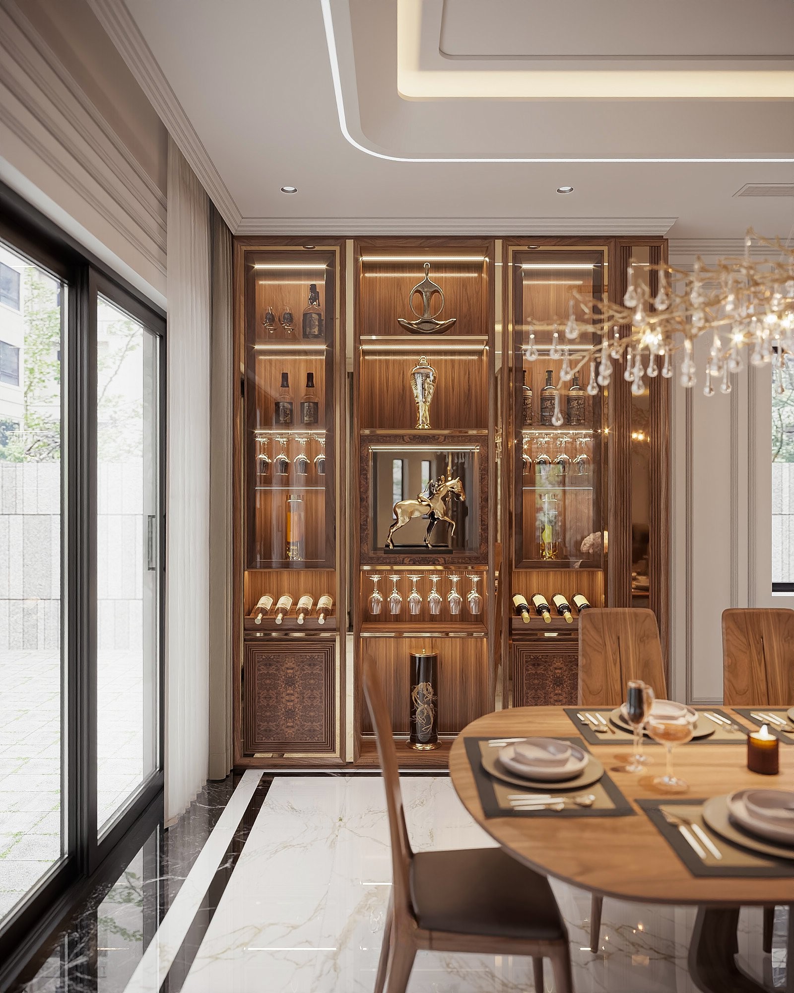 Tủ rượu góc tường hiện đại chữ I cánh kính và cánh gỗ laminate nâu đỏ