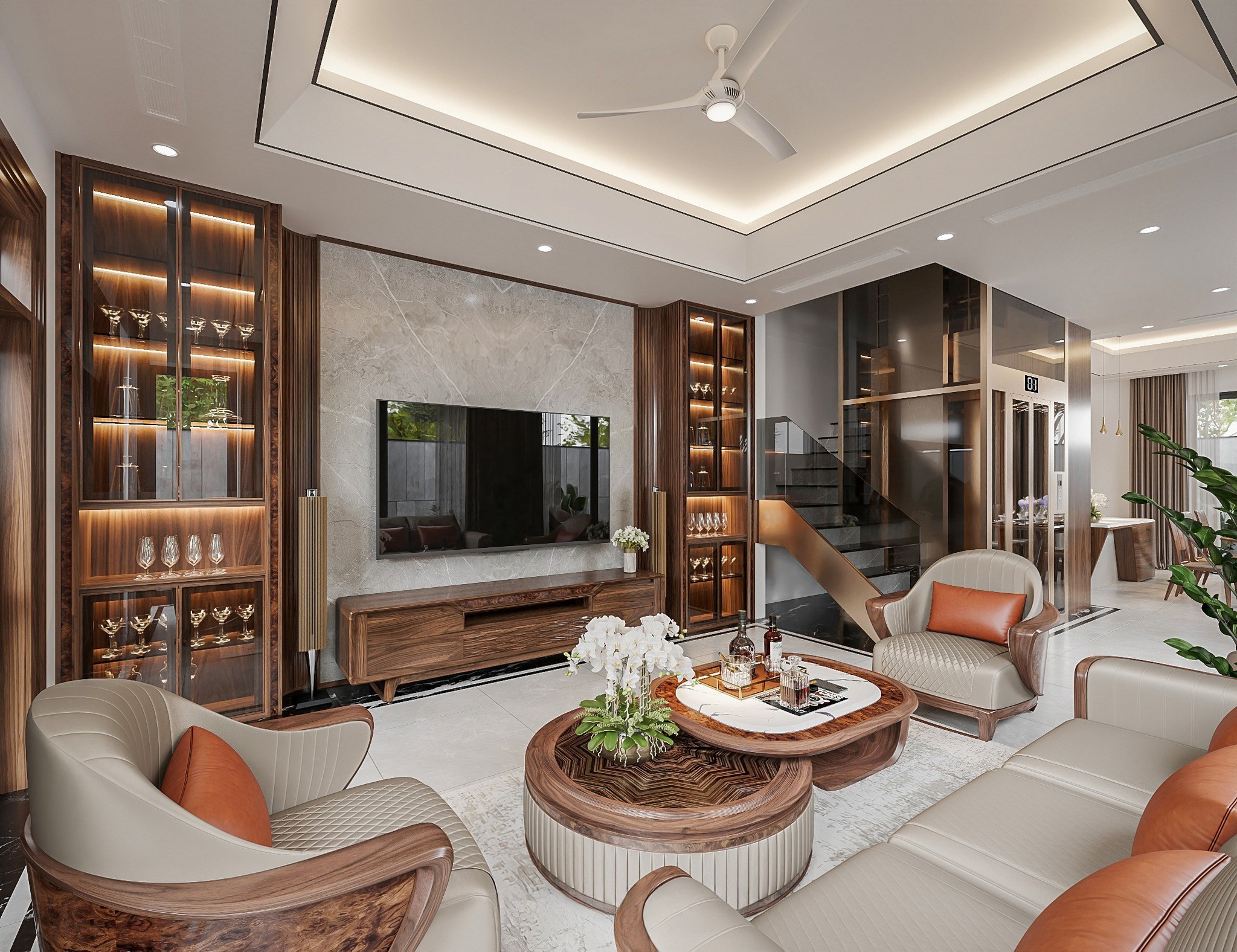 Tủ rượu hiện đại bằng gỗ óc chó với thiết kế cánh kính sang trọng