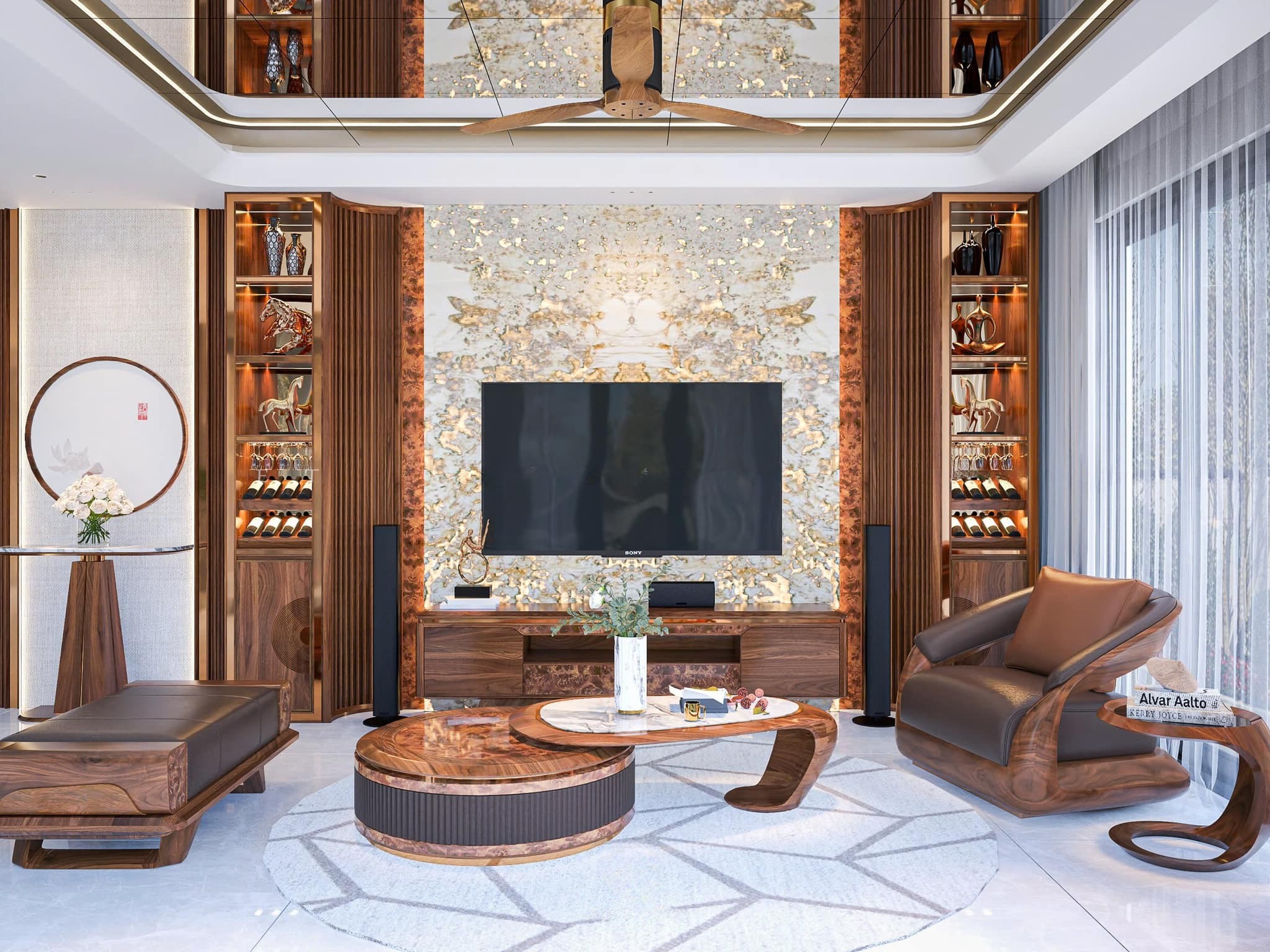 Tủ rượu kết hợp kệ tivi gỗ óc chó phòng khách hiện đại