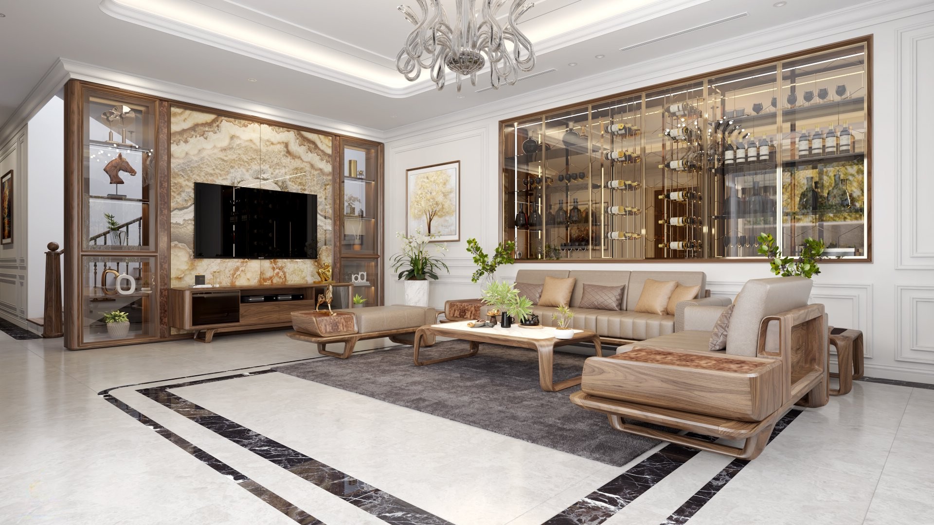 Tủ rượu phòng khách hiện đại âm tường khung gỗ óc chó, mặt kính – gương và viền kim loại mạ vàng