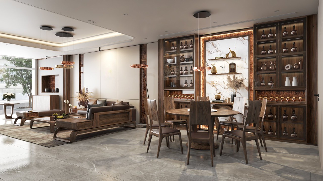 Tủ rượu phòng khách thiết kế âm tường sang trọng