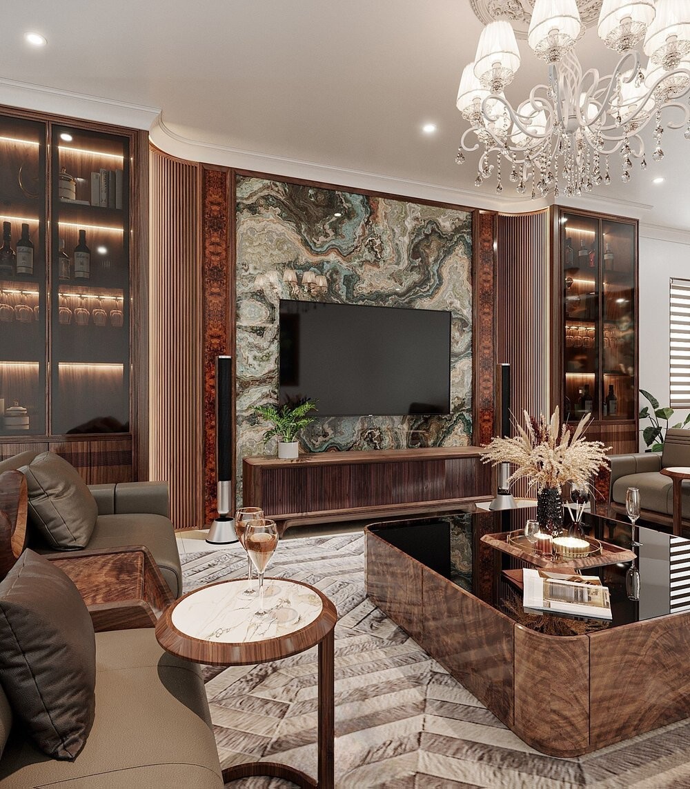 Tủ tivi kết hợp tủ rượu hiện đại gỗ óc chó âm tường