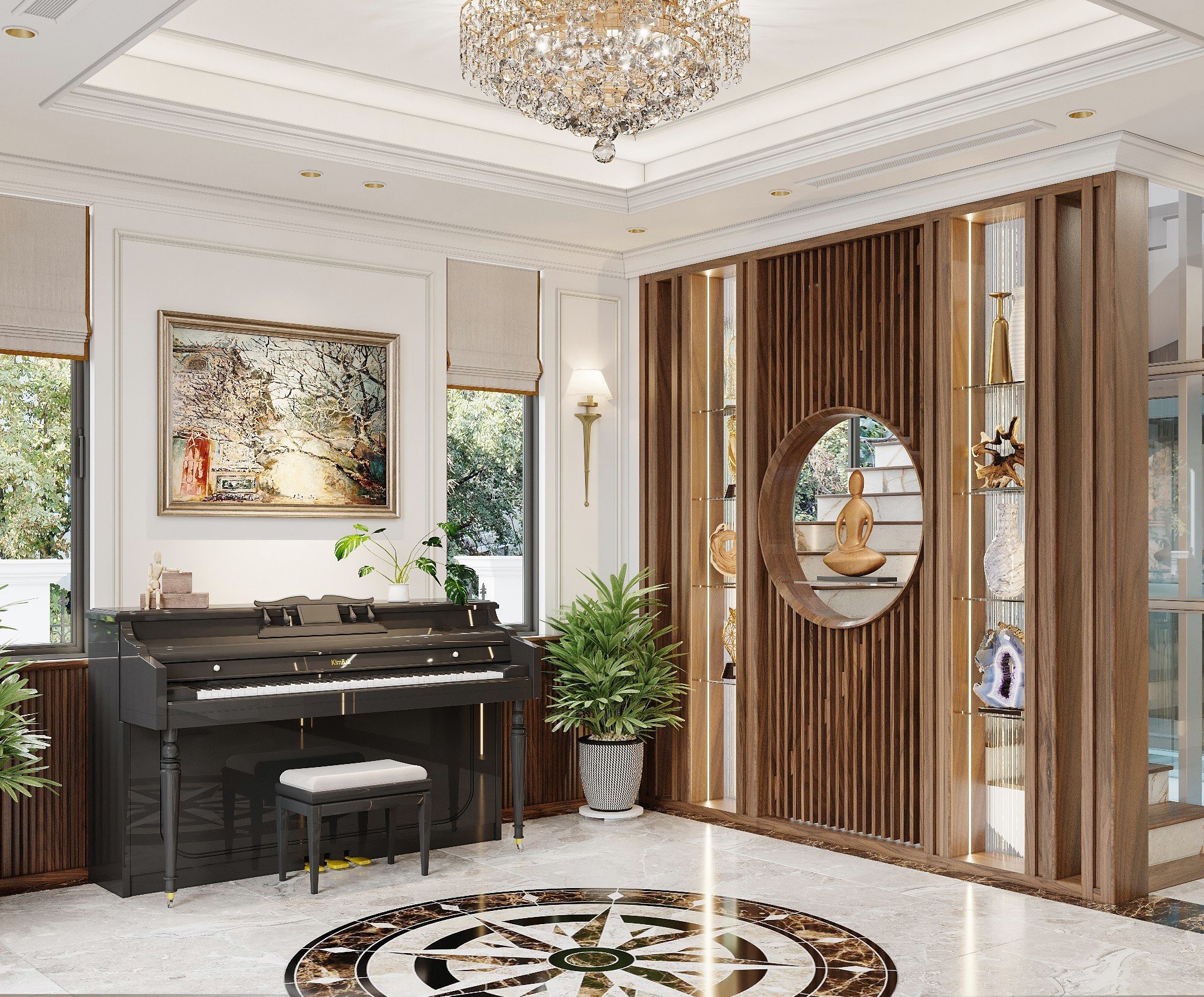 Vách ngăn gỗ phòng khách hiện đại bằng gỗ tự nhiên với thiết kế lam sóng