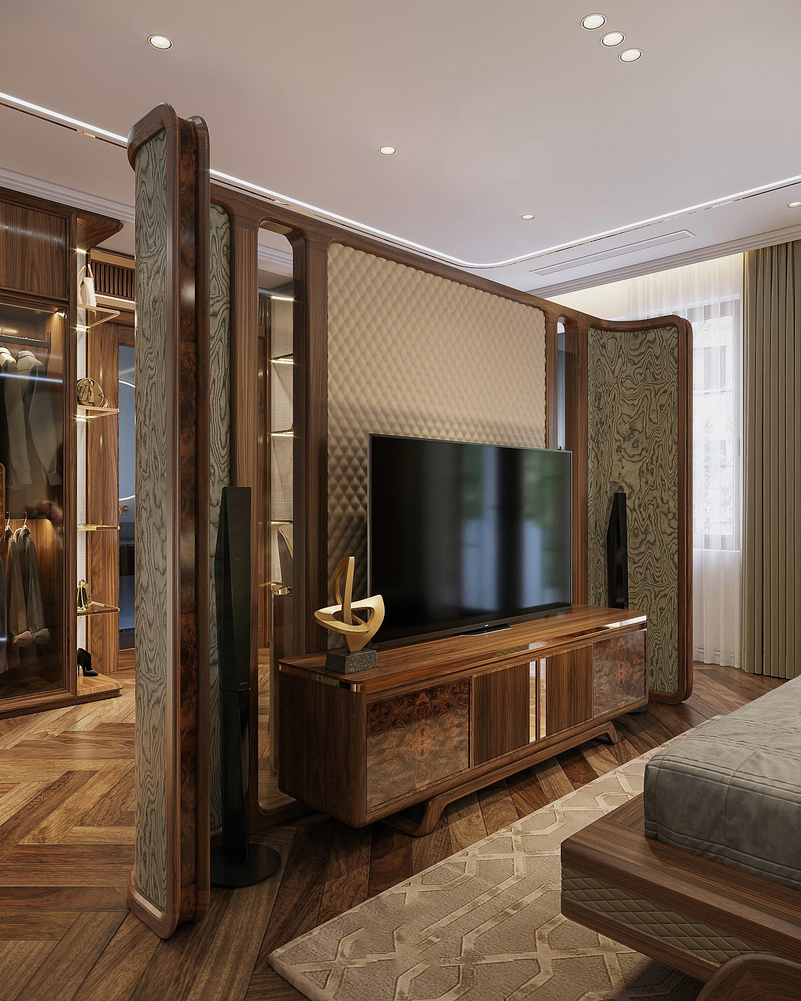 Vách ngăn kệ tivi gỗ óc chó tự nhiên với khung vòm cung và ốp da quả trám