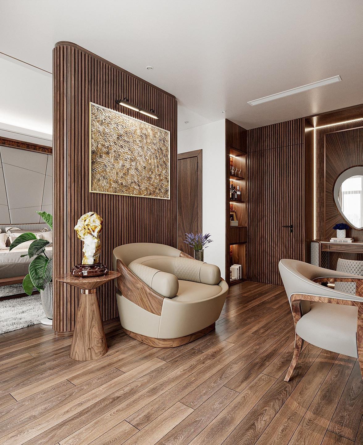 Vách ngăn phòng bằng gỗ hình oval cao kịch trần ốp lam sóng nâu gụ, một mặt treo tranh và đèn hắt