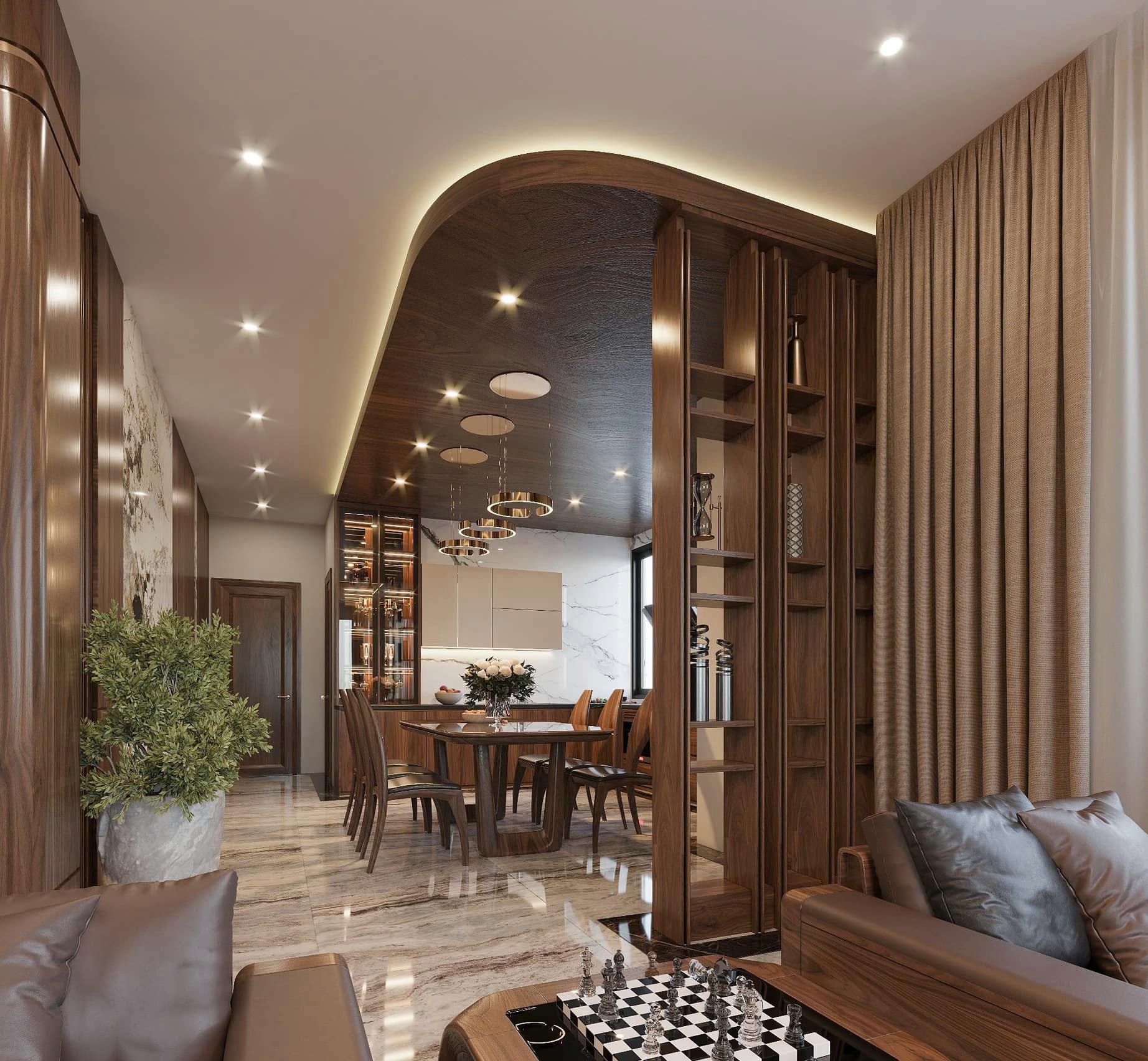 Vách ngăn phòng bếp gỗ óc chó cao kịch trần với kệ trưng bày mở