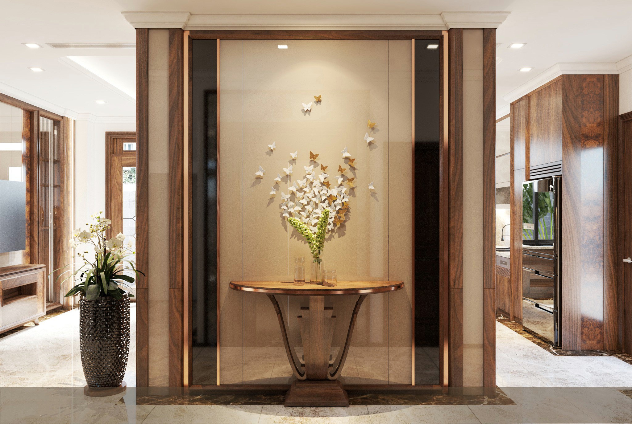 Vách ngăn phòng khách gỗ óc chó kết hợp kính và kim loại