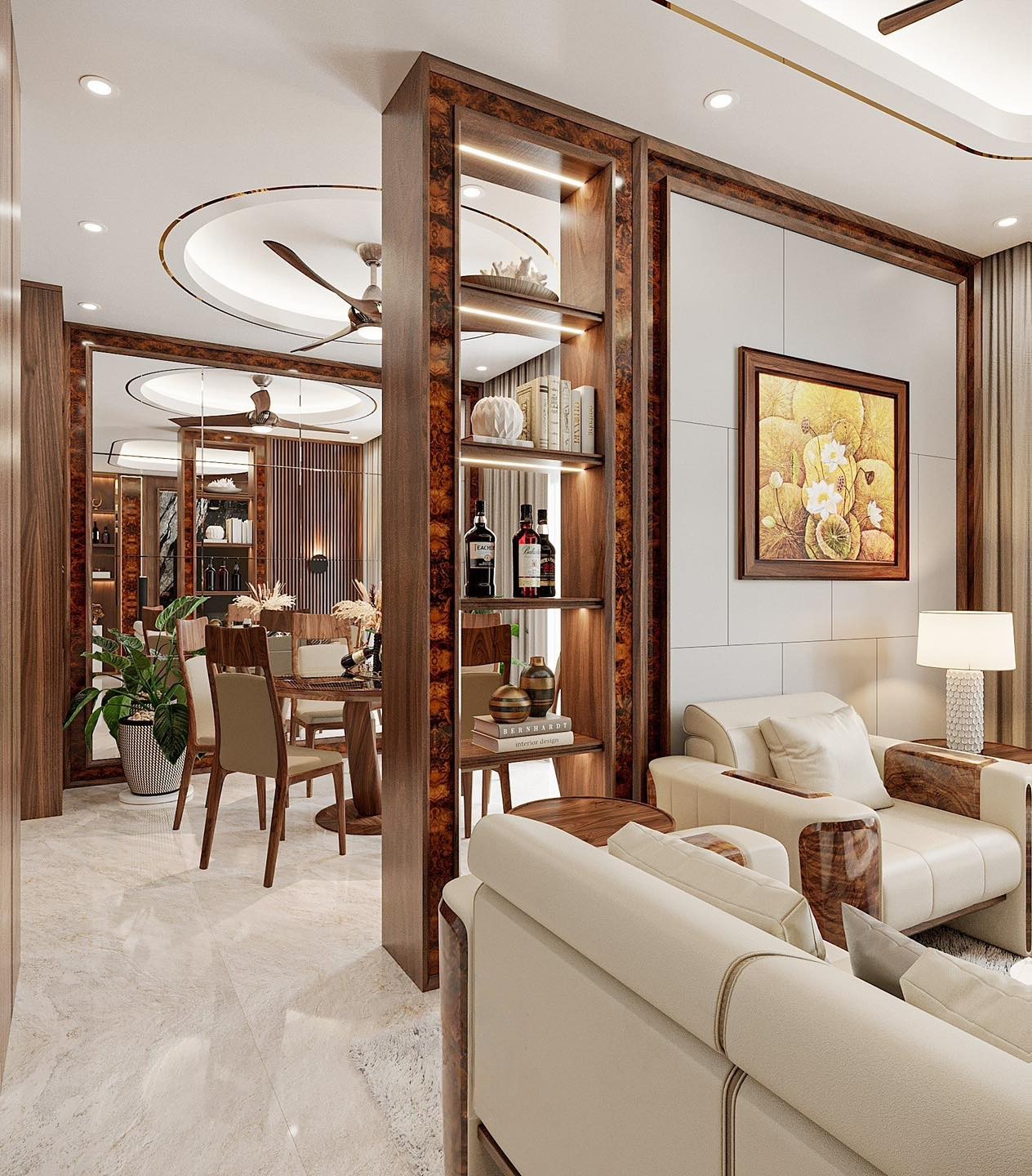 Vách ngăn phòng khách và bếp hiện đại gỗ sồi