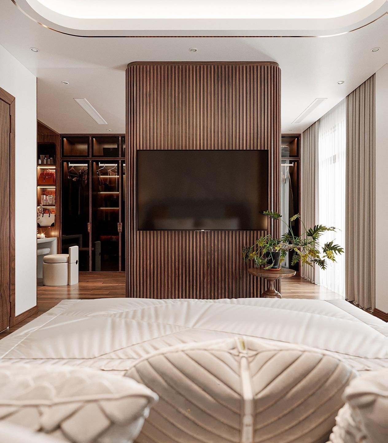 Vách ngăn tivi phòng ngủ hiện đại ốp lam sóng giả gỗ